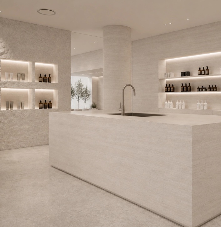 NE Slab N WHITE TRAVERTINE 施工事例 1